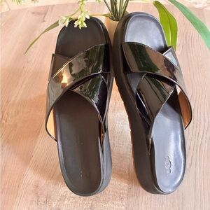 UGG Women's Glossy Black Cross Strap Sandals